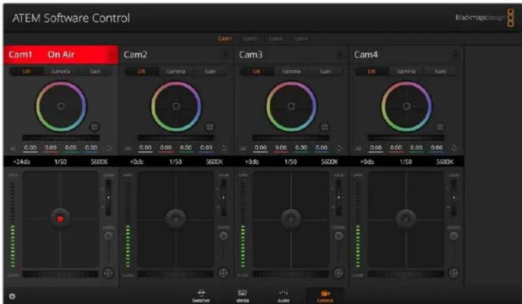 ATEM Software Control Blackmagicdesign Cam1 On Air Cam2 Cam3 Cam4 Lift Gamma Gain Lift Gamma Gain Lift Gamma Gain Lift Gamma Gain +24db 1/50 5600K +0db 1/50 5600K +0db 1/50 5600K +0db 1/50 5600K CAM1 CAM2 Cam3 Cam4 CAM3 CAM4 CAM5 CAM6 CAM7 CAM8 CAM9 CAM10 CAM11 CAM12 CAM13 CAM14 CAM15 CAM16 CAM17 CAM18 CAM19 CAM20 CAM21 CAM22 CAM23 CAM24 CAM25 CAM26 CAM27 CAM28 CAM29 CAM30 CAM31 CAM32 CAM33 CAM34 CAM35 CAM36 CAM37 CAM38 CAM39 CAM40 Switcher Media Audio Camera