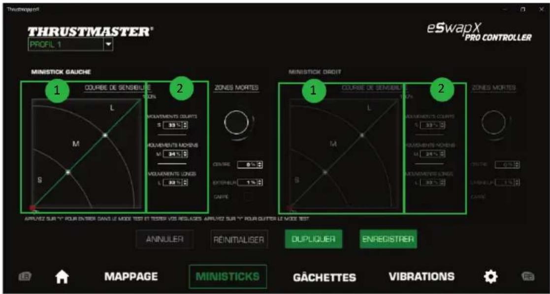 THRUSTMASTER eSwap X Pro - Pour modifier la courbe de sensibilité de vos ministicks, vous pouvez : - 1