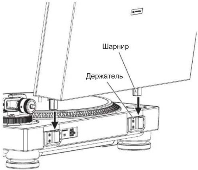 PIONEER PLX500 - Вставьте шарниры пылезащитной крышки в держатели на задней панели этого устройства. - 1