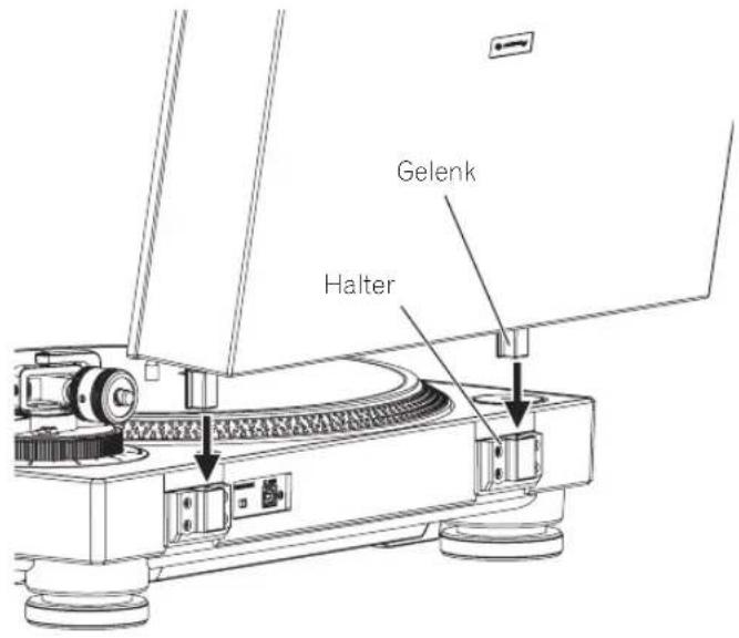 PIONEER PLX500 - Schieben Sie die Gelenke der Abdeckhaube in die Halter an der Rückseite des Geräts. - 1