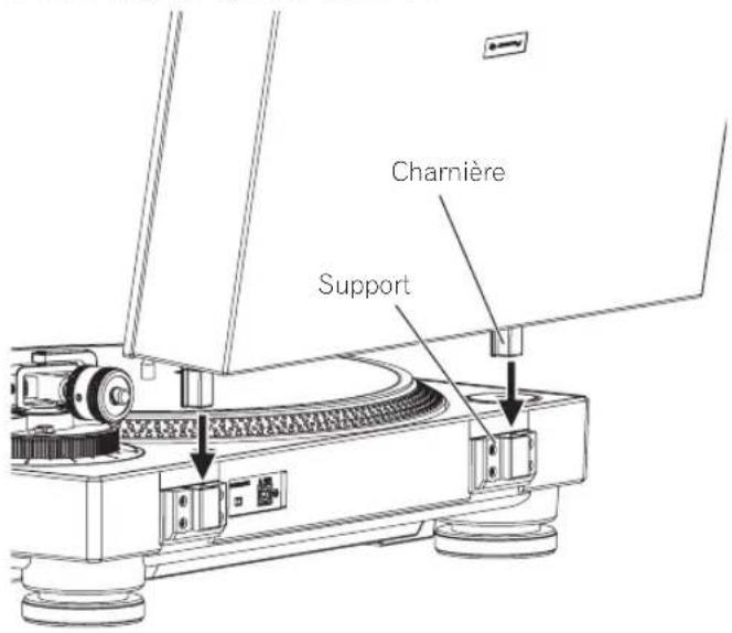 PIONEER PLX500 - Insérez les charnières du capot anti-poussière dans les supports situés à l'arrière de cet appareil. - 1