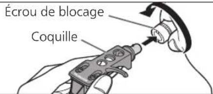 TECHNICS SL1200MK7 - Fixez la coquille avec la cartouche dans le bras de lecture. Maintenez la coquille horizontale et serrez l'écrou de blocage. - 1