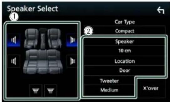 KENWOOD DNX451RVS - Touchez le haut-parleur (1) que vous souhaitez paramétrer et configurez chaque option (2) comme suit. - 1