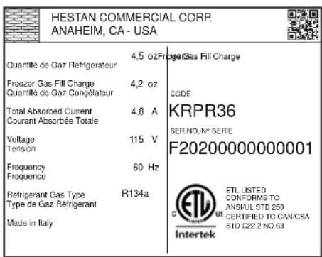 Hestan KFCL30YW - PLAQUE SIGNALÉTIQUE - 1