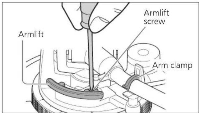 TECHNICS SL1200MK7R - Return the tone arm to the arm rest and fix it with the arm clamp. Turn the adjustment screw. - 1
