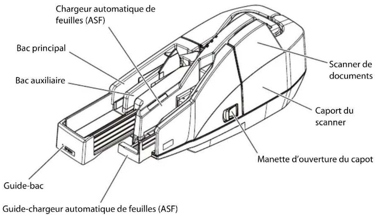 Chargeur automatique de feuilles (ASF) Bac principal Bac auxiliaire Guide-bac Guide-chargeur automatique de feuilles (ASF) Scanner de documents Caport du scanner Manette d'ouverture du capot