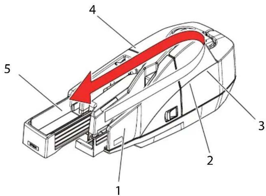 Technical diagram of a device with numbered parts and a red arrow indicating flow or movement, likely illustrating a process or assembly.