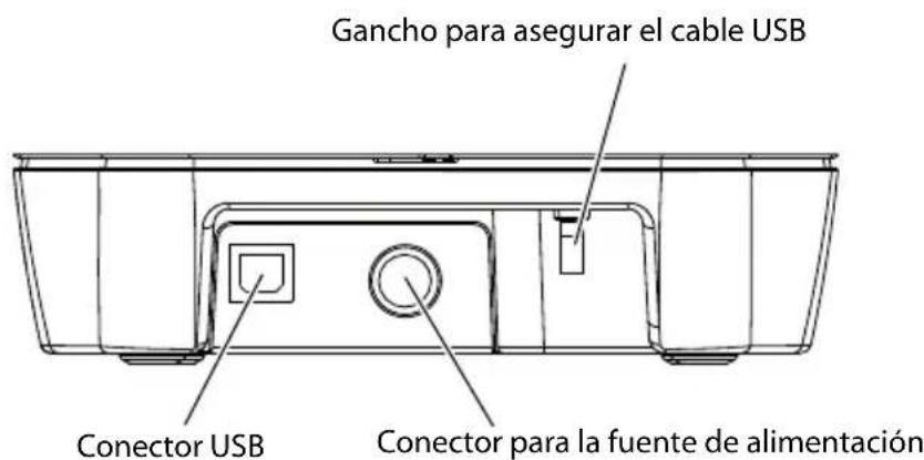 Gancho para asegurar el cable USB Conector USB Conector para la fuente de alimentación