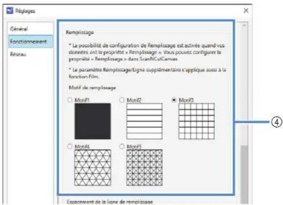 Réglages Général Fonctionnement Résseau Remplissage * La possibilité de configuration de remplissage est activée quand vos données ont la propriété « Remplissage ». Vous pouvez configurer la propriété « Remplissage » dans ScanNCutCanvas * Le paramètre Remplissage/Ligne supplémentaire c'applique aussi à la fonction Film. Motif de remplissage Mon01 Mon02 Mon03 Mon04 Mon05 Exacement de la ligne de remplissage