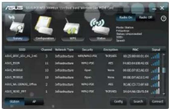 ASUS POINTS Connection User Hand Window Can PCE Card Radio On Radio Off Survey Configuration BPS Status Mode: Station Frequency: Shares: Unconnected SDD- Speed SDD Channel Network Type Security Encryption PNC Signal ASUS_PSEC_05U_06_24G 3 Infrastructure MRA/NRA3-PSK TK95866 81.25.80.81/01.04 ASUS_ESCR 11 Infrastructure MRA3-PSK AES F4.80.04.81/01.04 ASUS_MOUSE 10 Infrastructure Open None 00.00.07.82/AE.00 ASUS_MOUSE 10 Infrastructure Open None 00.00.07.AC11.D4G ASUS_NL_CONOS OFFus 2 Infrastructure MRA3-PSK AES BCAE.CS731/BF.6B ASUS_REND_XRT 1 Infrastructure MRA3-PSK TK95866 54.04.04.05/01.54 Station AP Config Search Connect