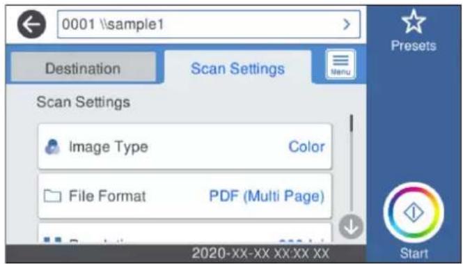 0001 \sample1 Destination Scan Settings Scan Settings Image Type Color File Format PDF (Multi Page) 2020-XX-XX XX-XX XX Presets Start
