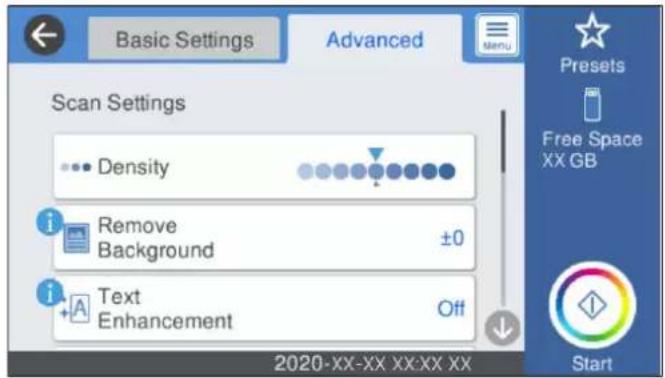 Basic Settings Advanced Scan Settings Density Remove Background ±0 Text Enhancement Off 2020-XX-XX XX:XX XX Presets Free Space XX GB Start