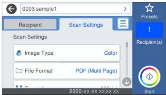 0003 sample1 Recipient Scan Settings Scan Settings Image Type Color File Format PDF (Multi Page) 2020-XX-XX XX:XX XX Presets 1 Recipient(s) Start