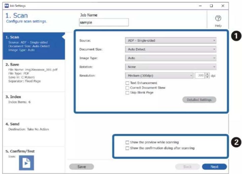 EPSON WorkForce DS730N - Sur l'écran 1. Scanner, définissez les opérations de numérisation de travaux que vous souhaitez créer. - 1