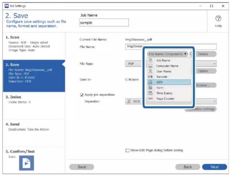 EPSON WorkForce DS730N - Sélectionnez OCR dans Composants du nom de fichier. - 1