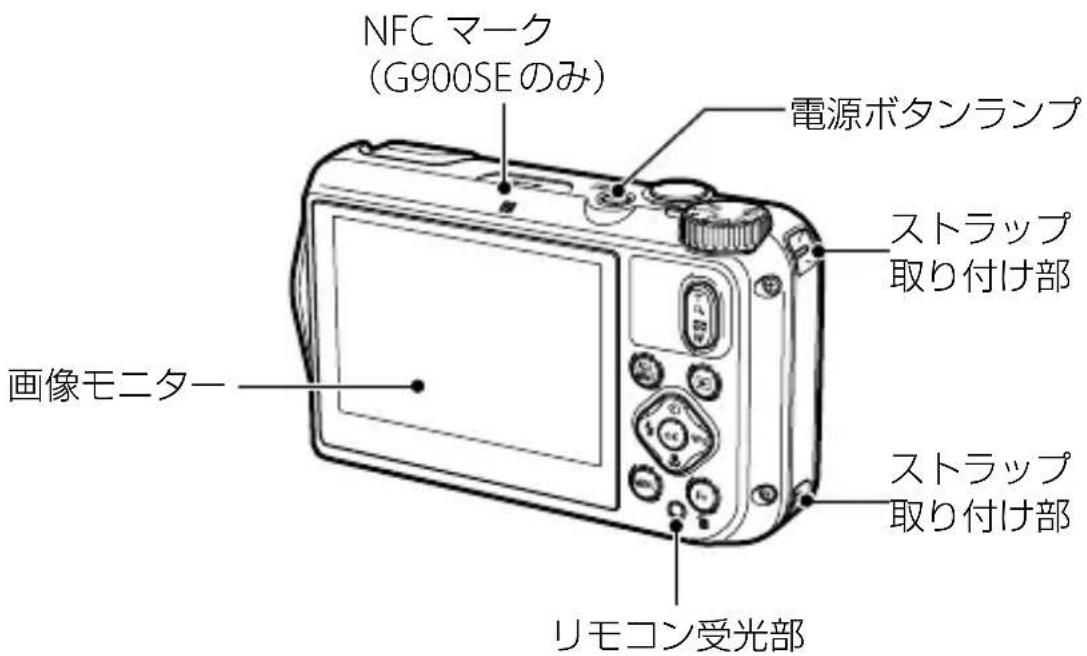 NFC マーク (G900SEのみ) 電源ボタンランプ ストラップ 取り付け部 画像モニター ストラップ 取り付け部 リモコン受光部