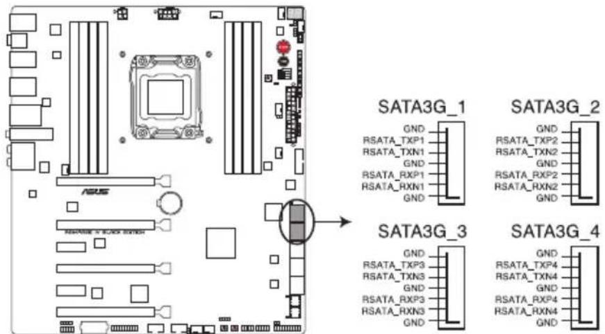 ASUS RAMPAGE IV BLACK EDITION - Connecteurs SATA 3.0 Gb/s Intel X79 (7-pin SATA3G_1; SATA3G_2; SATA3G_3; SATA3G_4 [noirs]) - 1