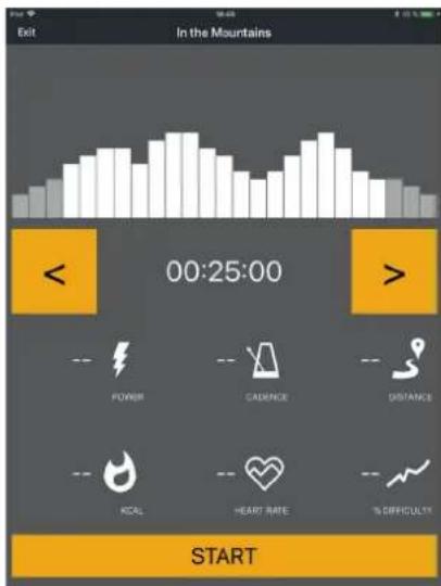 Exit In the Mountains 00:25:00 < > POWER CADENCE DISTANCE KIRC HEART RATE IS CDIFFICULTY START