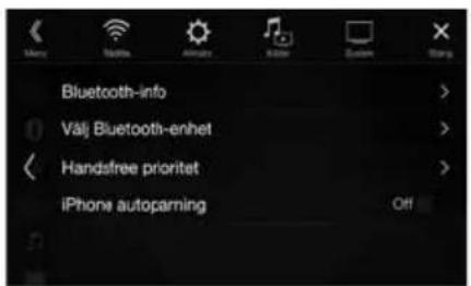 Bluetooth-info Välj Bluetooth-enhet Handsfree prioritet iPhone autoparming Off