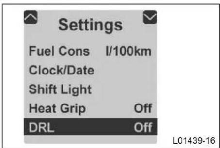 Settings Fuel Cons I/100km Clock/Date Shift Light Heat Grip Off DRL Off L01439-16