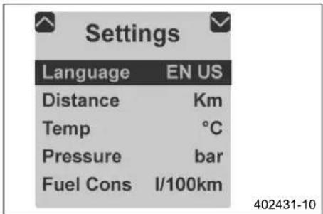 Settings Language EN US Distance Km Temp ℃ Pressure bar Fuel Cons 1/100km 402431-10