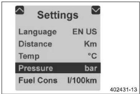 Settings Language EN US Distance Km Temp °C Pressure bar Fuel Cons I/100km 402431-13