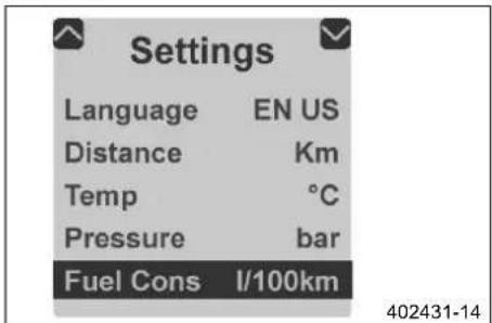 Settings Language EN US Distance Km Temp °C Pressure bar Fuel Cons I/100km 402431-14