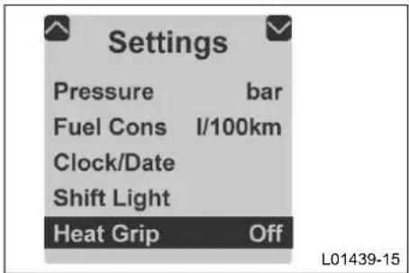 Settings Pressure bar Fuel Cons I/100km Clock/Date Shift Light Heat Grip Off L01439-15