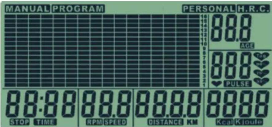 MANUAL PROGRAM PERSONAL H.R.C. 10 18 14 12 11 10 88.0 AGE 7 8 6 5 4 3 2 1 88.0 Tan 90 70 35 PULSE 88:88 88.0 88.0 88.0 STOP TIME RPM SPEED DISTANCE KM Kcal Kjoule