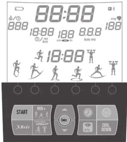 88:88 avg 188 18:88 188 8.8.8 mi km cm in km mi 18:88 START RUN+ X Mode CROSS CROUT Enter Iv/Kg COOL DOWN