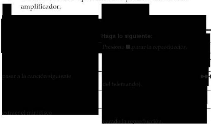 amplificador. Haga lo siguiente: Presione ▪ parar la reproducción pasar a la canción siguiente ( del telemando ), extrer el minidisco. parado la reproducción.