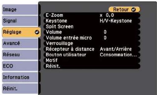 EPSON EBW49 - Paramètres des fonctions du projecteur - Menu Réglage - 1