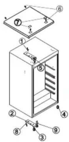 Exploded view diagram of a refrigerator with numbered parts for identification