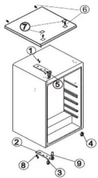 Technical diagram of a refrigerator with numbered parts for identification and assembly reference.