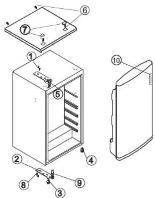 Exploded view diagram of a refrigerator with numbered parts for identification