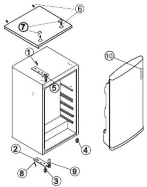 Exploded view diagram of a refrigerator with numbered parts for identification