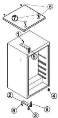 Exploded view diagram of a refrigerator with numbered parts for identification