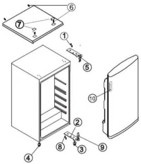 Exploded view diagram of a refrigerator with numbered parts for identification