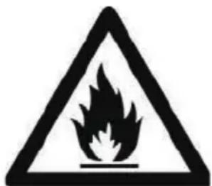 Warning sign depicting a flame symbol in a triangular frame, indicating hazardous material hazard.