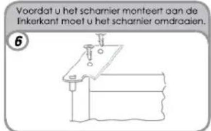 Voordat u het scharnier monteert aan de linkerkant moet u het scharnier omdraaien. 6