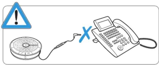 Warning symbol and connection diagram showing a warning triangle, a CD/DVD fan, and a telephone with an X mark.