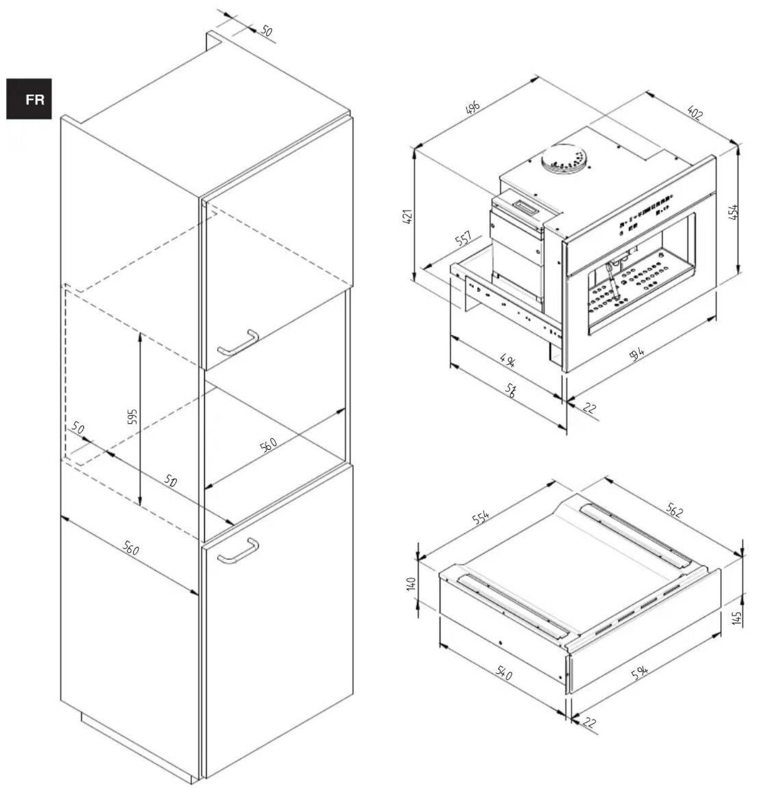 CANDY CPWD 1402 X - SCHEMA DIMENSIONNEL DU TIROIR 145 ENCASTRABLE 560 X 595 AVEC PERCOLATEUR DE 454 - 1