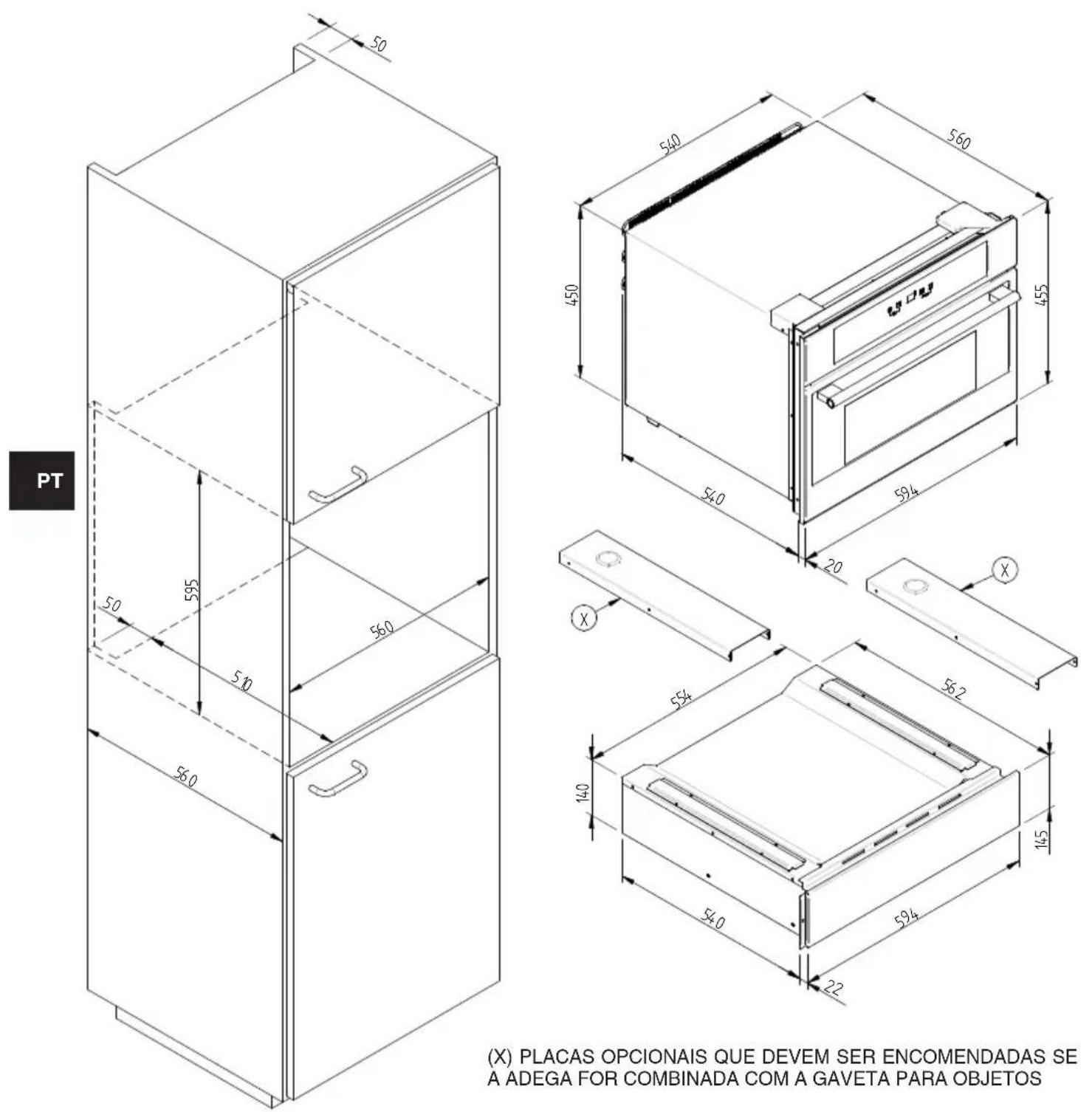 CANDY CPWD 1402 X - ESQUEMA DAS DIMENSOES DA GAVETA 145 DE ENCASTRE 560 X 595 COM ADEGA DE 455 - 1