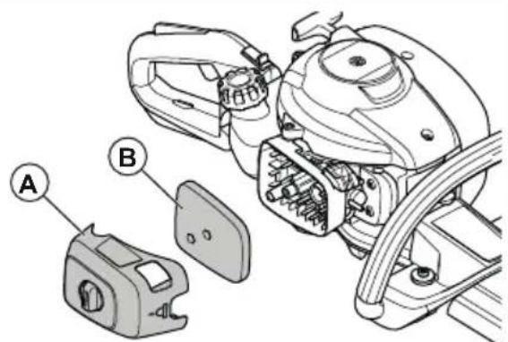 Technical diagram of a mechanical assembly with labeled parts A and B, showing internal components and structural details.