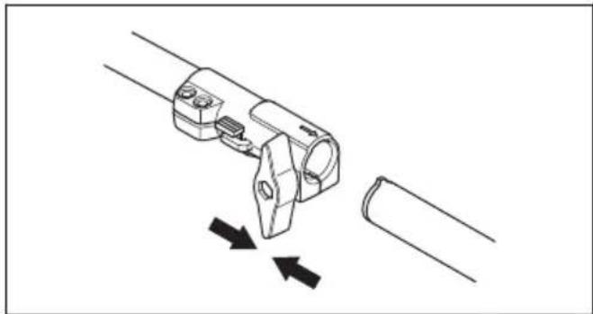 Technical line drawing of a mechanical clamp or connector with directional arrows indicating movement (no text or symbols)