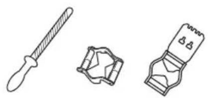 Three technical illustrations of mechanical components: a pipette, a plastic housing, and a segmented component (no text or symbols)