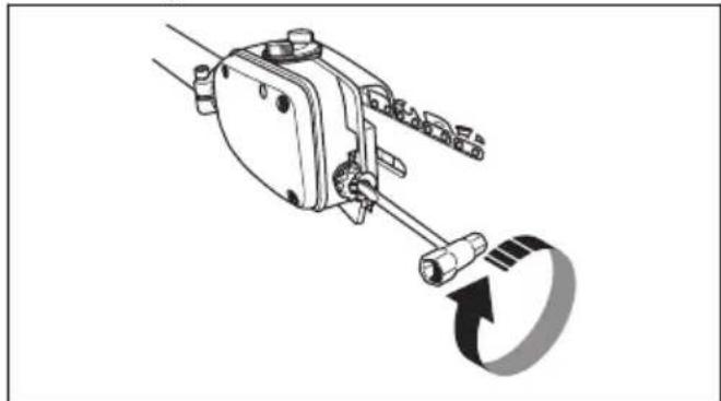 Mechanical assembly diagram showing a lever mechanism with a rotating arrow (no text or symbols)