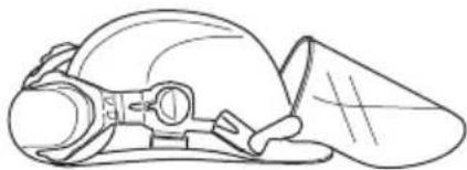 Line drawing of a helmet with a visor and a triangular cap (no text or symbols)