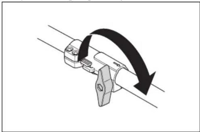 Diagram of a mechanical clamp or bracket with a curved arrow indicating rotational motion (no text or symbols)