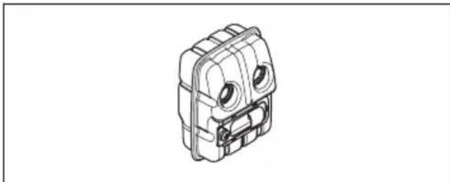 Isometric line drawing of a mechanical component with circular eyes and internal components (no text or symbols)